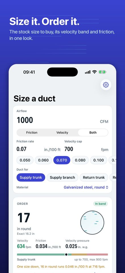 The size to order, with its velocity band and friction